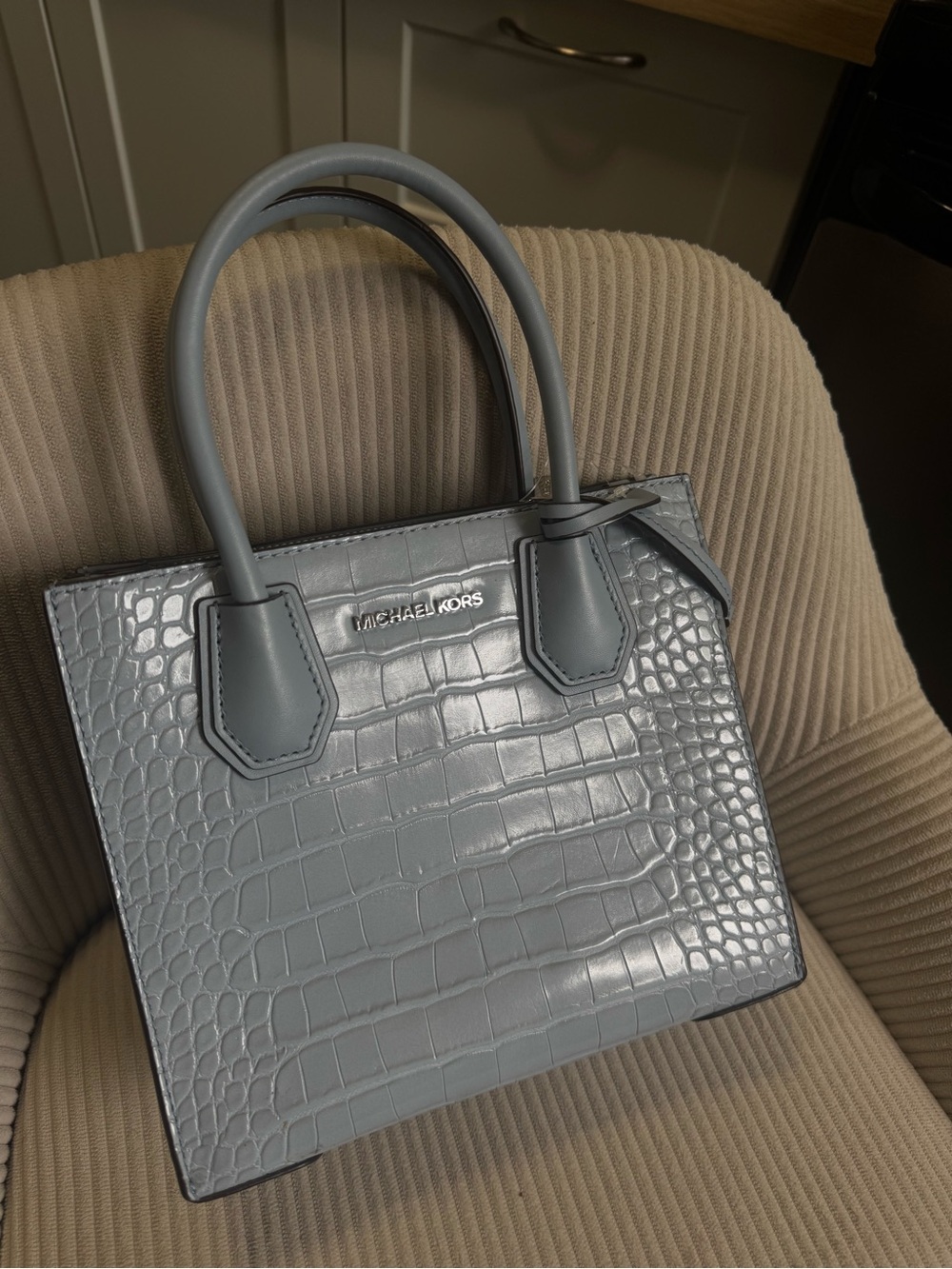 Michael Kors Grey Croc-Embossed Leather Satchel with Top Handles